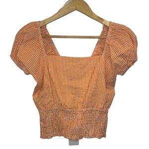 Sim & Sam Orange  Smocked Gingham Lace-Up Back Top Size M